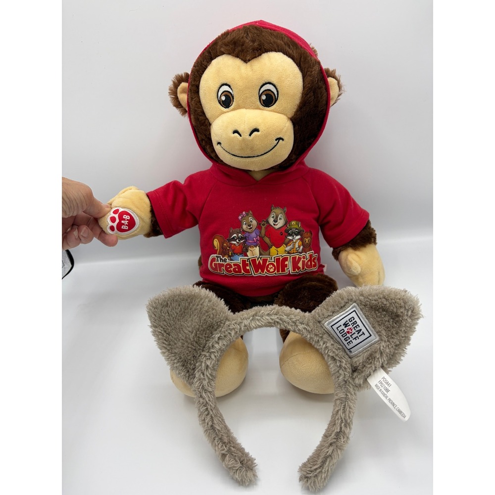 Build-A-Bear BAB Monkey Plush Great Wolf Kids Red Hoodie Stuffed Animal w/bonus